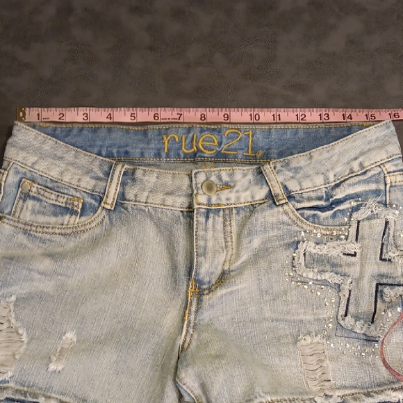 Rue21 Distressed Light Blue Jean Shorts with Cross And Rhinestone Detail - Picture 9 of 10